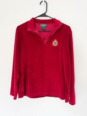 Lauren Ralph Lauren Red Velvet Quarter-Zip Sweater Petite Medium Crest Emblem
